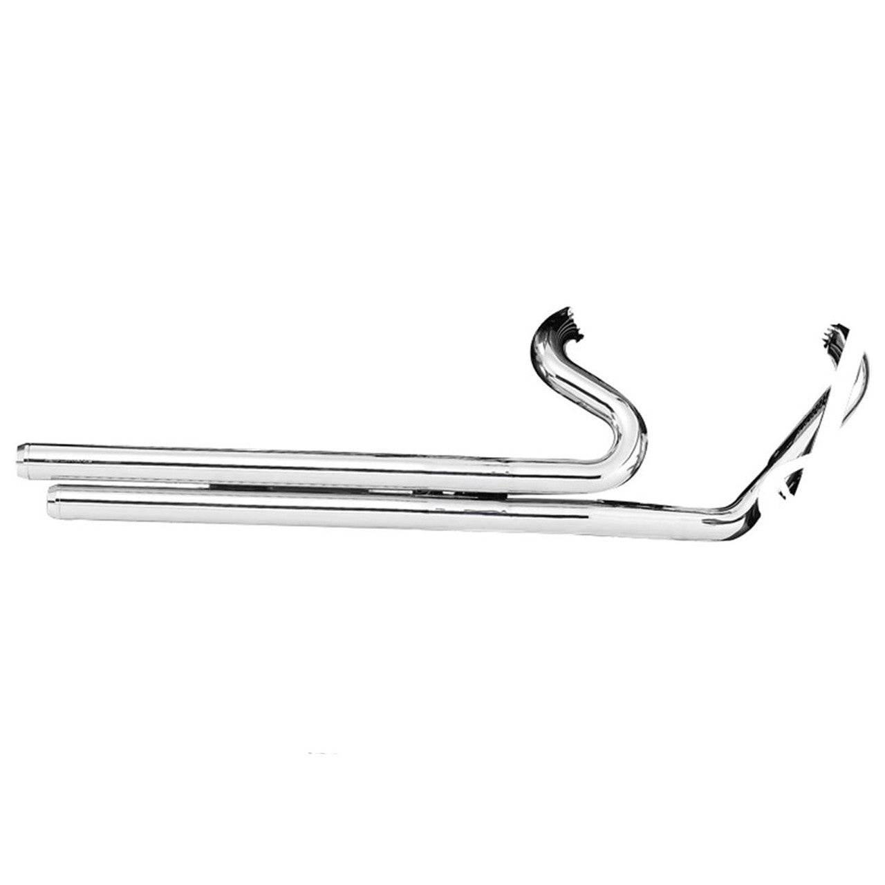 Two shiny chrome handlebars with drop curves, placed parallel on a white background, reflect a sleek finish similar to the Victory Motorcycle Chrome Stage 1 Drag Exhaust, Hammer / Jackpot (Open Box) by Polaris.
