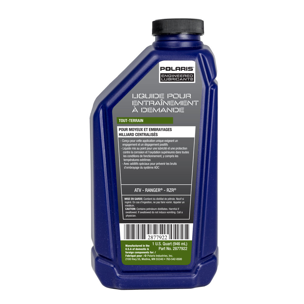 Blue plastic quart bottle of Polaris Demand Drive Plus front gearcase lubricant with white and green label and black cap.