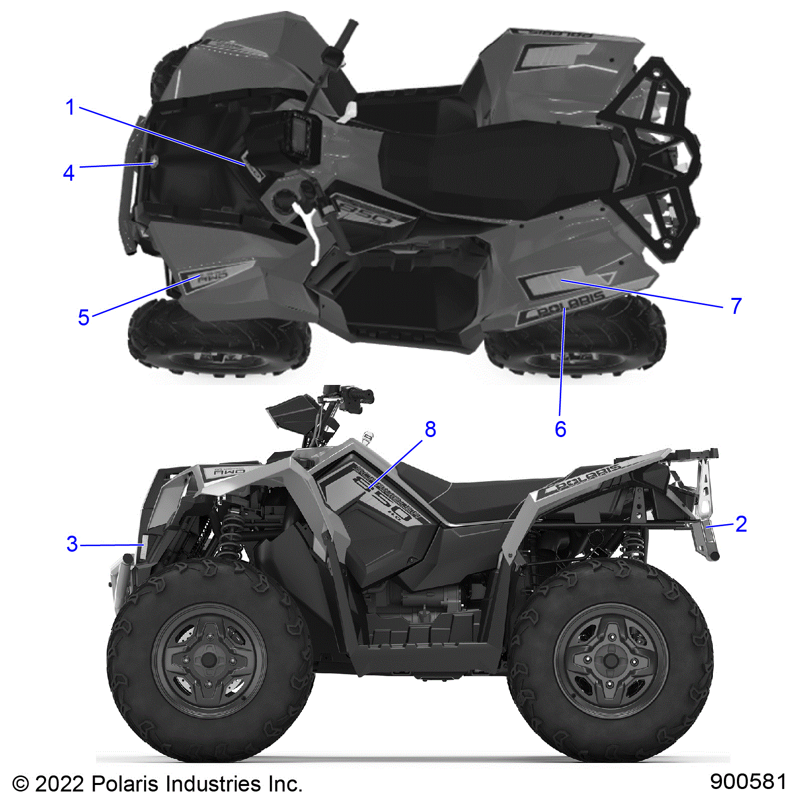 An Image of a Genuine Polaris Parts Schematic Diagram showing the schematic - BODY: DECALS GRAPHICS - 2023 POLARIS SCRAMBLER 850 48"