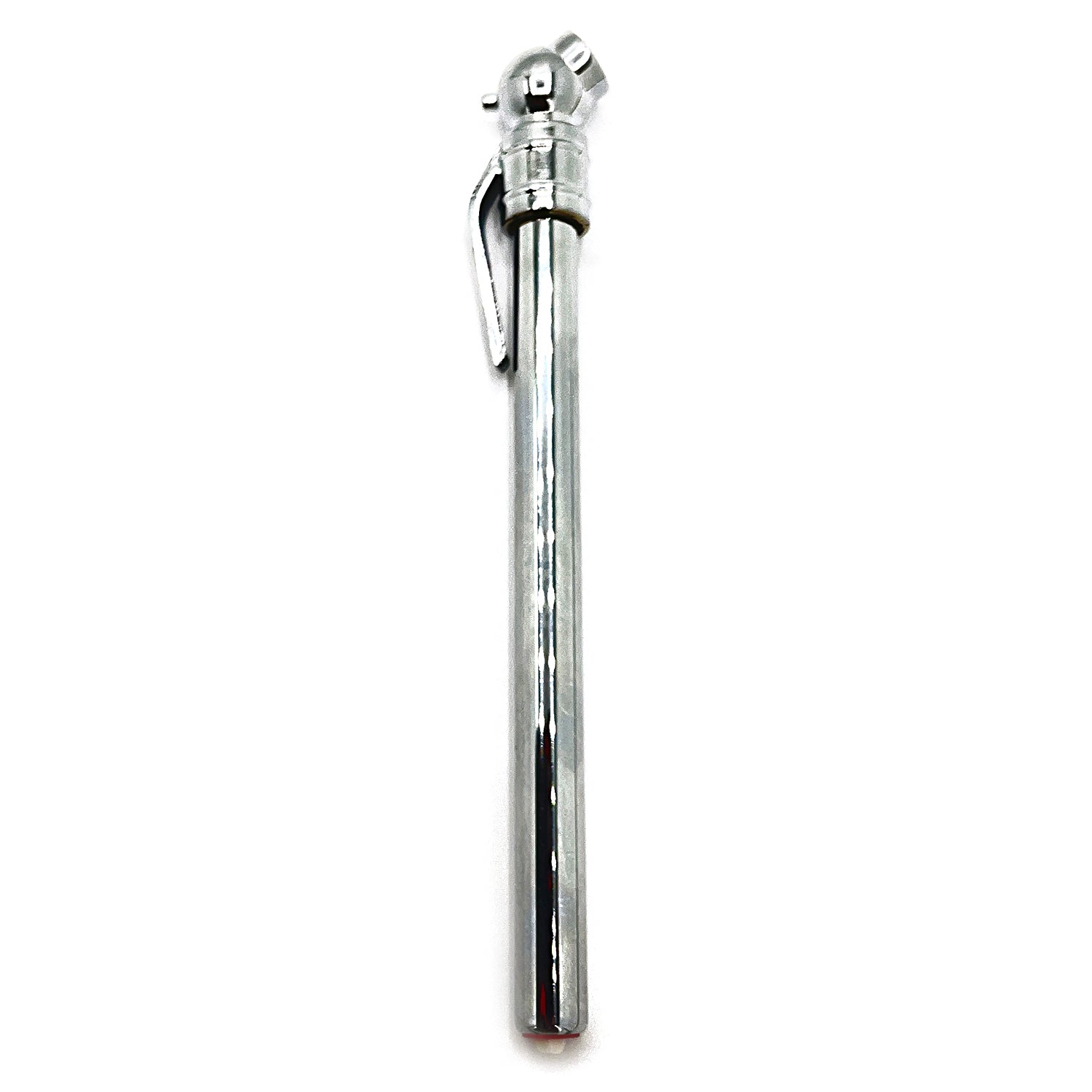 Chrome metal tire pressure gauge with a clip and a dial for measuring up to 30 psi.