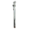 Chrome metal tire pressure gauge with a clip and a dial for measuring up to 30 psi.