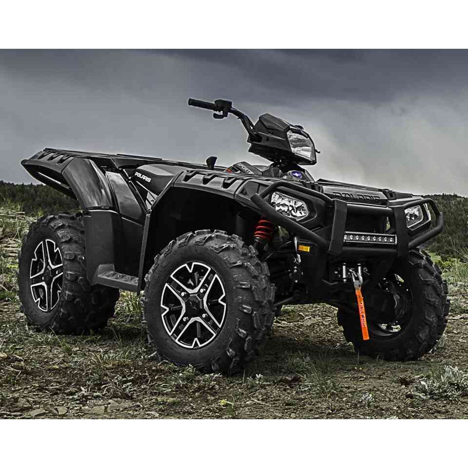 Black Polaris Sportsman ATV with rugged front kit brushguard, aggressive tires, and integrated LED lights.