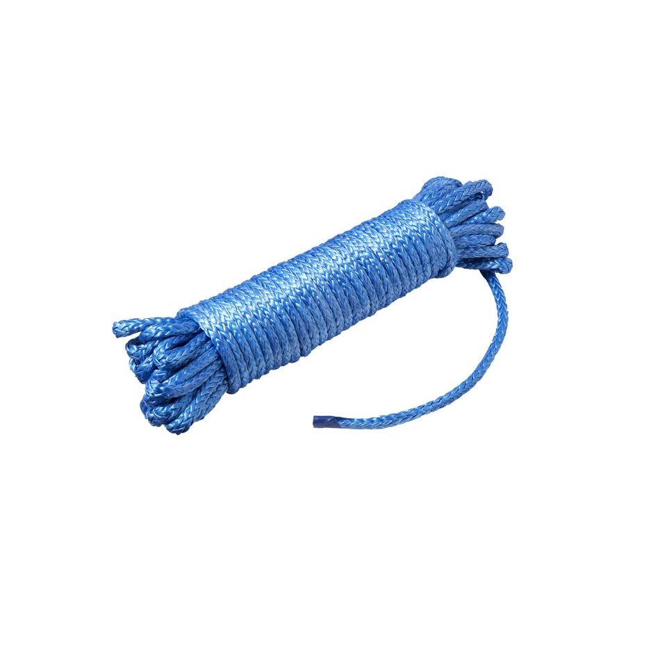 Coiled blue synthetic winch rope with tightly woven strands and looped ends.