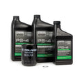 Three black plastic 2.5qt containers of Polaris PS-4 oil with a black Polaris oil filter and small O-ring in front.