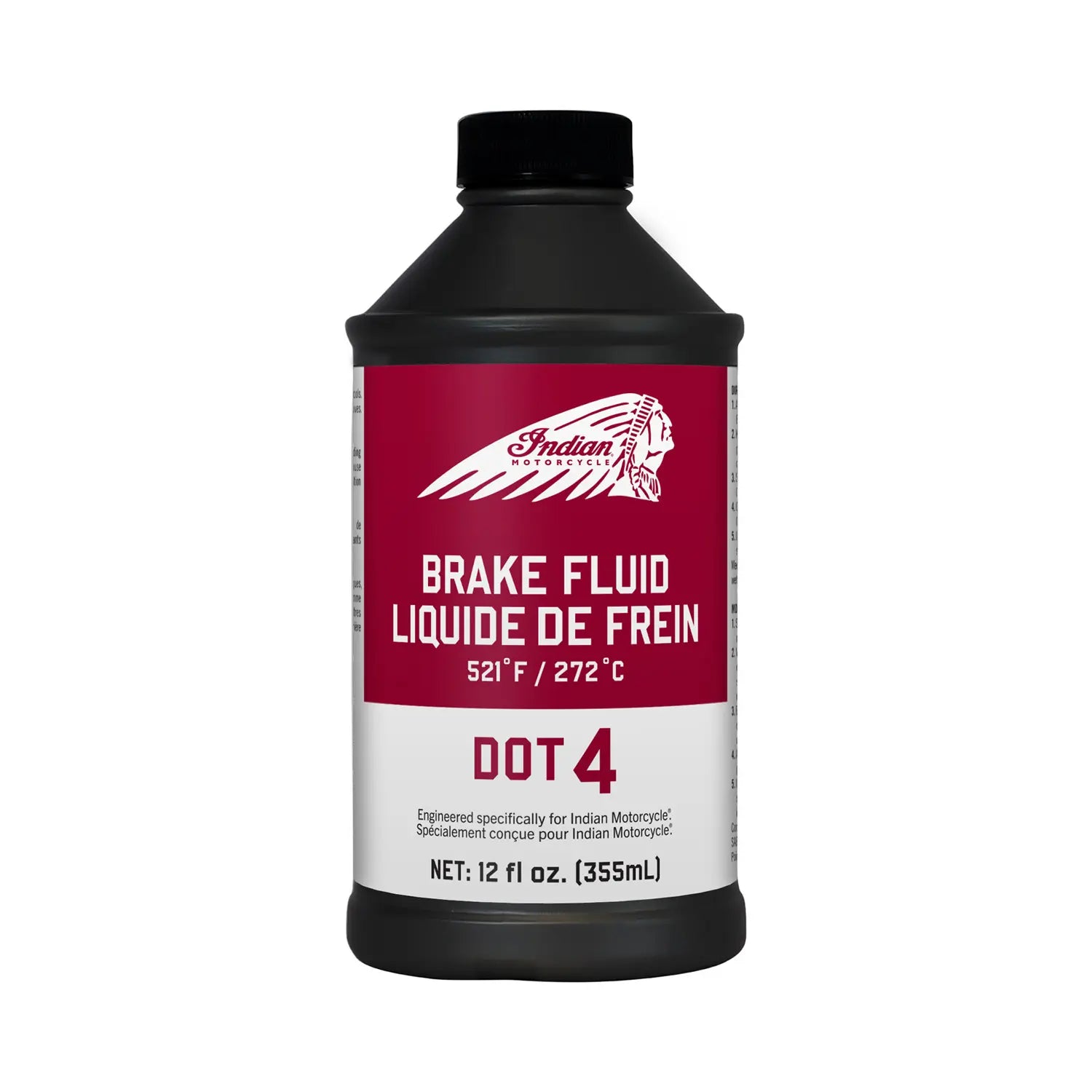 Dot 4 Brake Fluid 12 Oz by Polaris features a red and white label with temperature ratings, labeled in English and French. Net volume is 12 fl oz (355 mL). Genuine Polaris OEM part for trusted performance.
