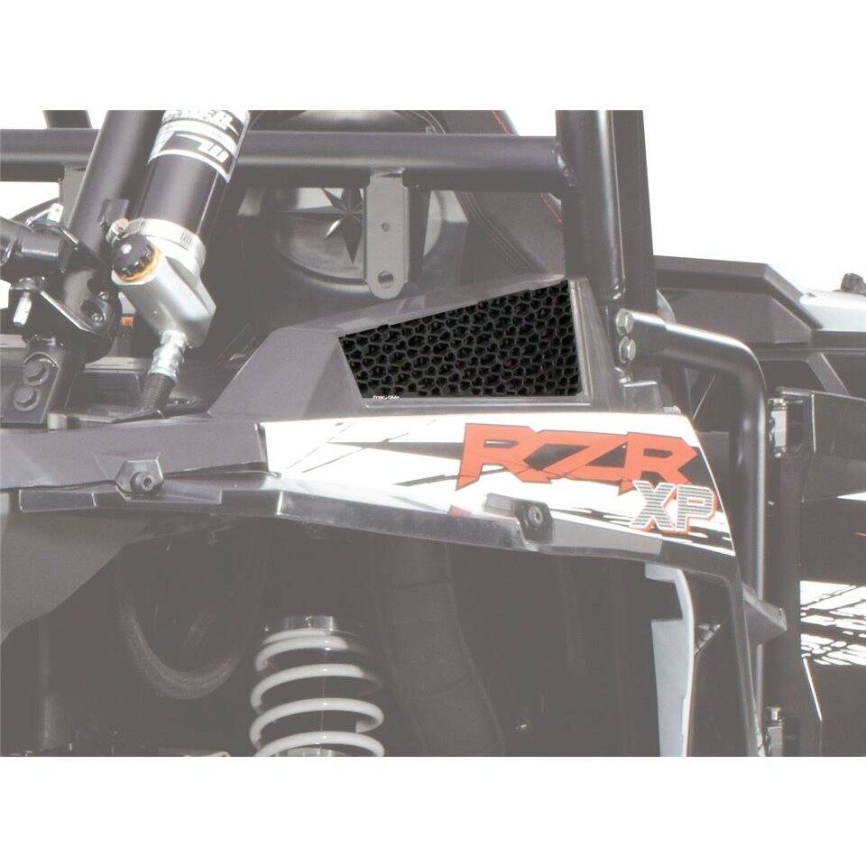 Black honeycomb intake pre-filter screen mounted on the rear panel of a Polaris RZR XP vehicle.