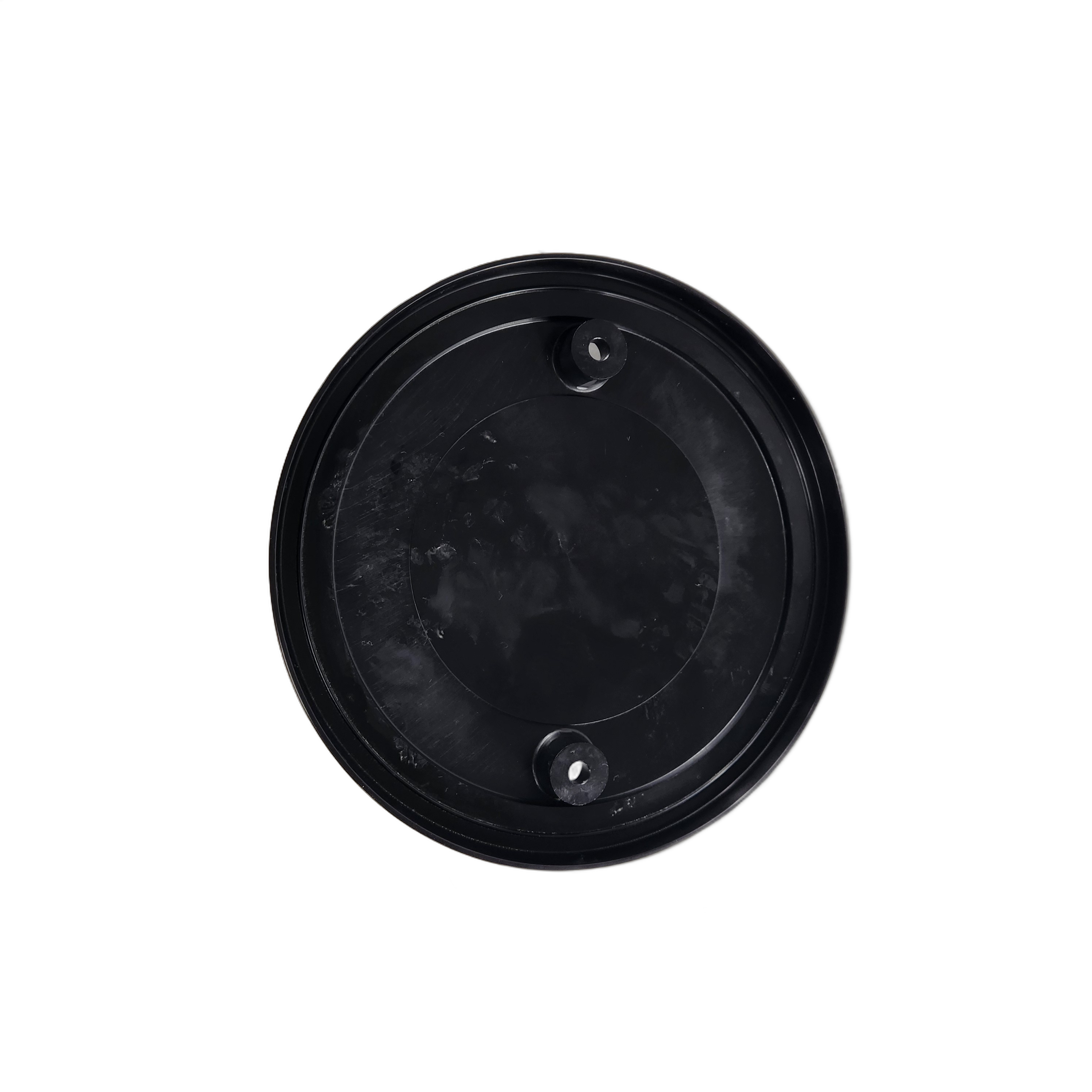 A round, black plastic lid—Air Cleaner High Flow Thunder Stroke Black by Polaris—viewed from above, features three evenly spaced raised circular bumps near the edge, resembling a High Flow Air Cleaner cover against a white background.