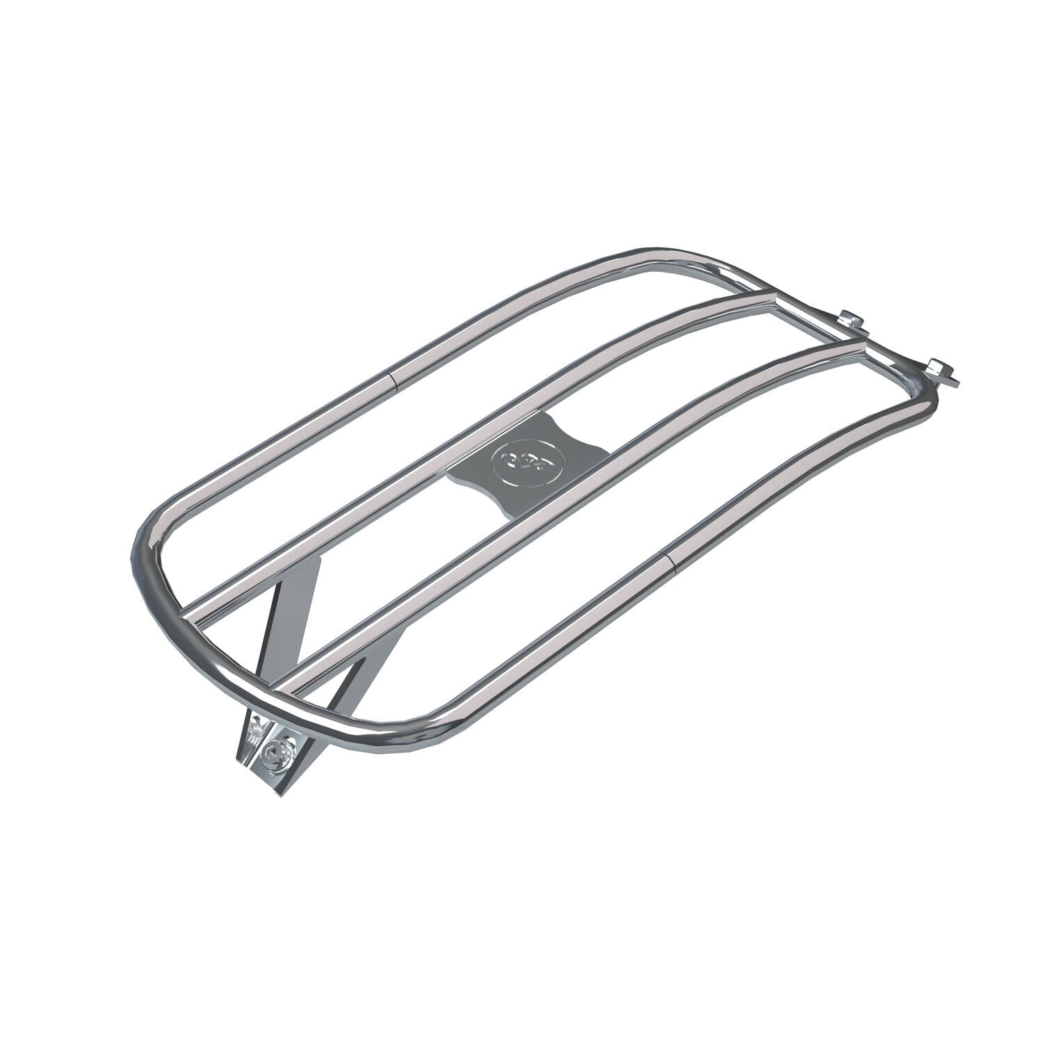 The Solo Luggage Rack, Chrome by Polaris is a silver metal rear bike rack with two parallel bars and a mounting bracket, designed like an OEM rack for attaching to your bicycle to carry bags or other items.