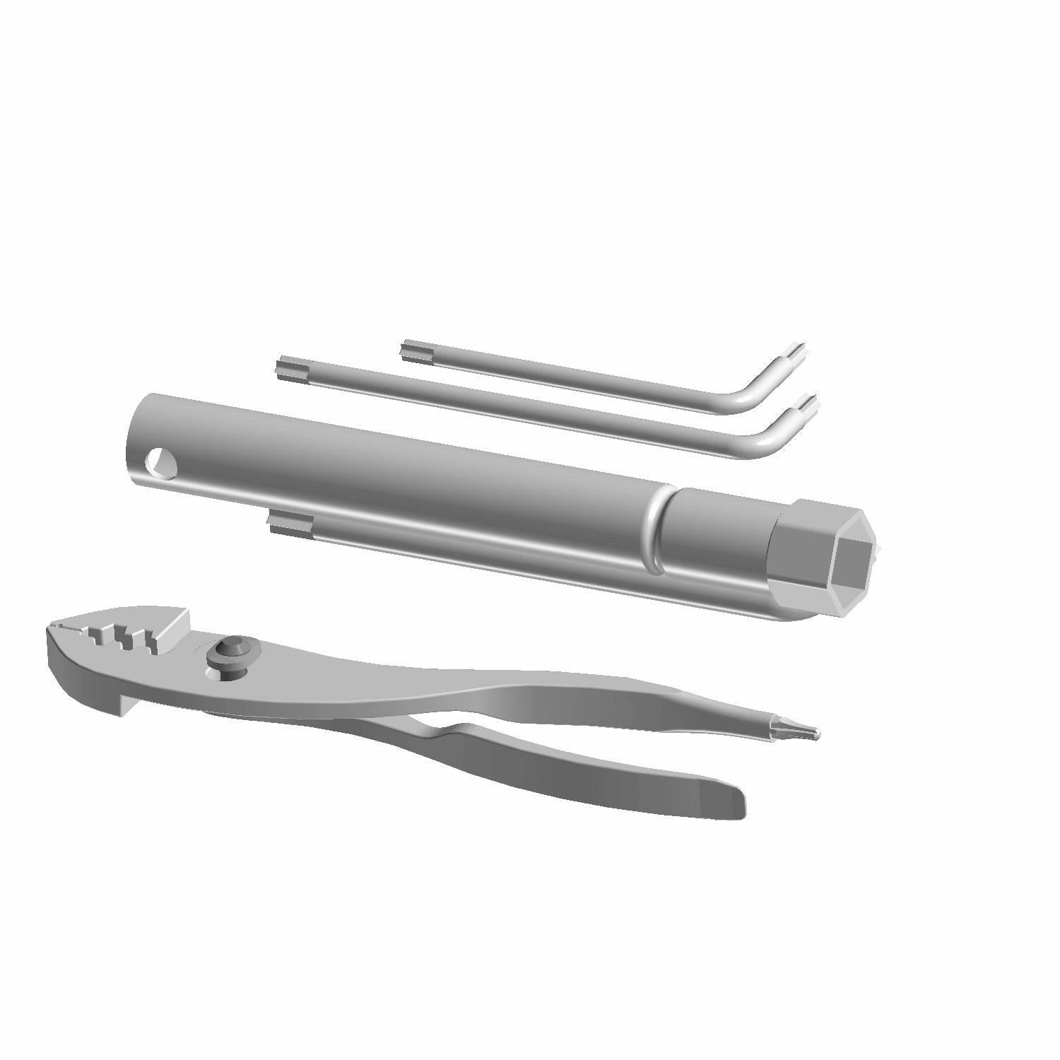 Silver socket wrench with adjustable pliers and two L-shaped hex keys on white background.