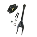 Black metal rocker arm pushrod with mounting bracket, two bolts, two white bushings, and one bearing.