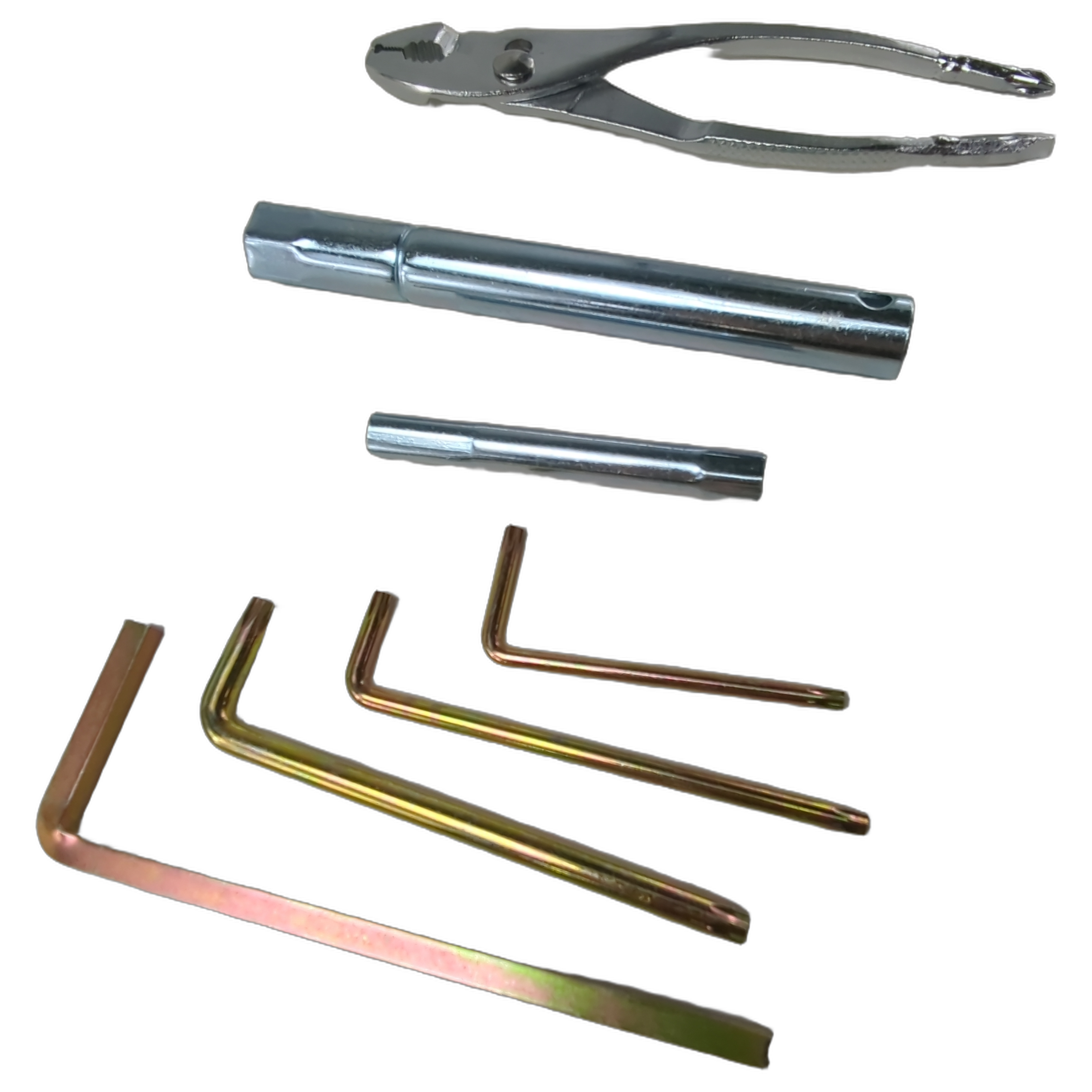 Silver metal plier, two cylindrical sockets, and five gold-toned hex keys of various sizes on white background.