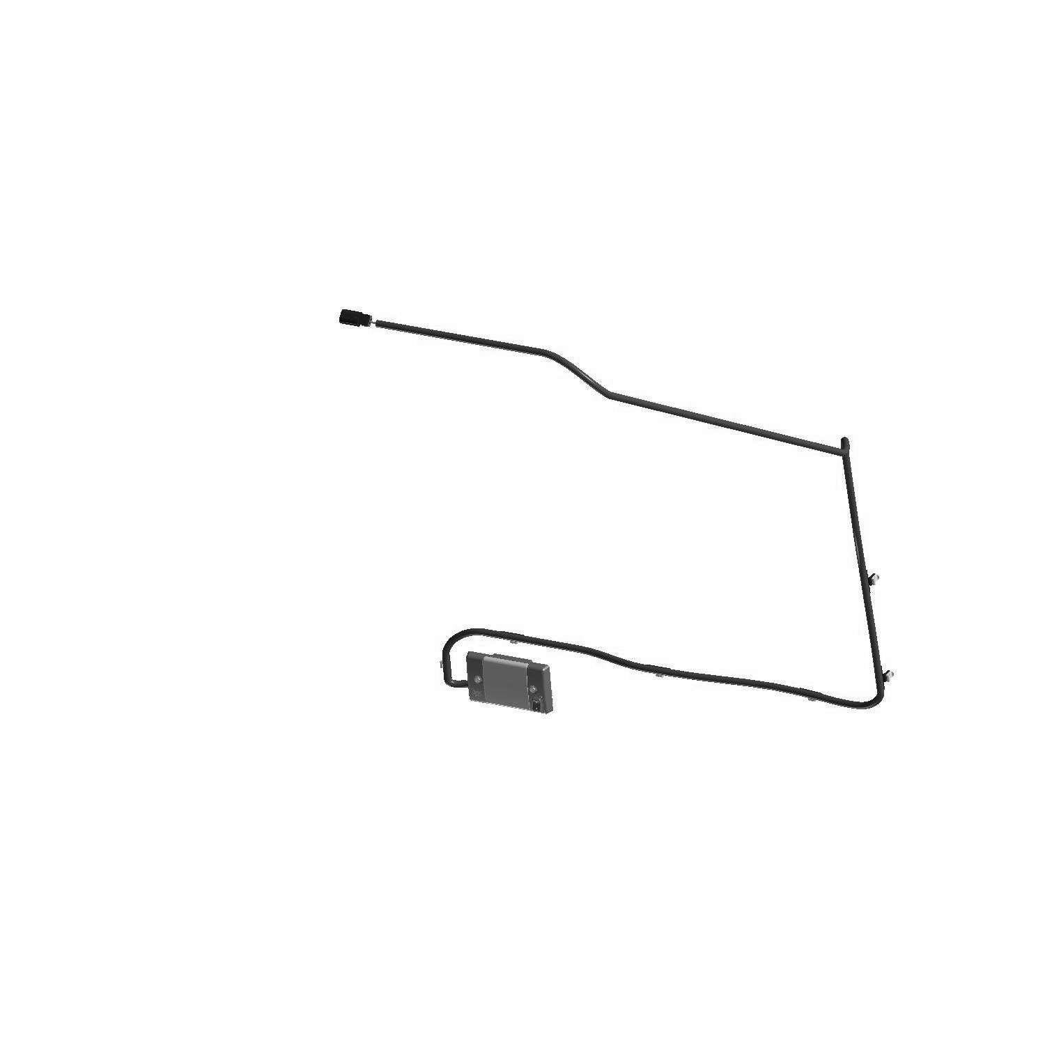 Black metal frame overhead LED light with rectangular LED panel and wiring harness.