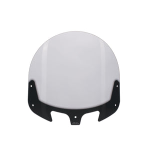 Clear curved motorcycle windshield with black mounting base designed for Indian motorcycles.