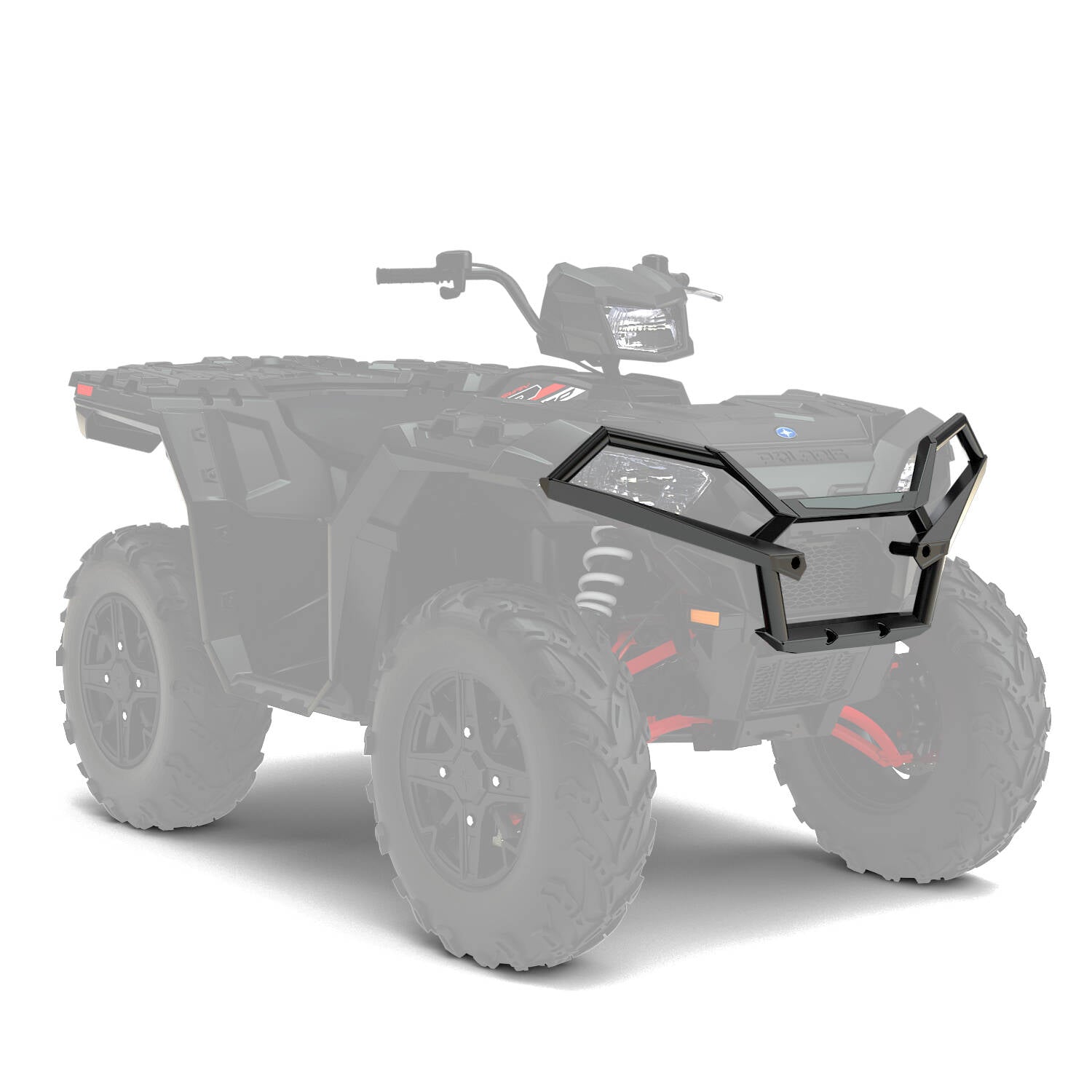 Black metal front bumper with angular design, built for offroad Polaris Sportsman ATV models.