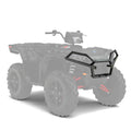 Black metal front bumper with angular design, built for offroad Polaris Sportsman ATV models.