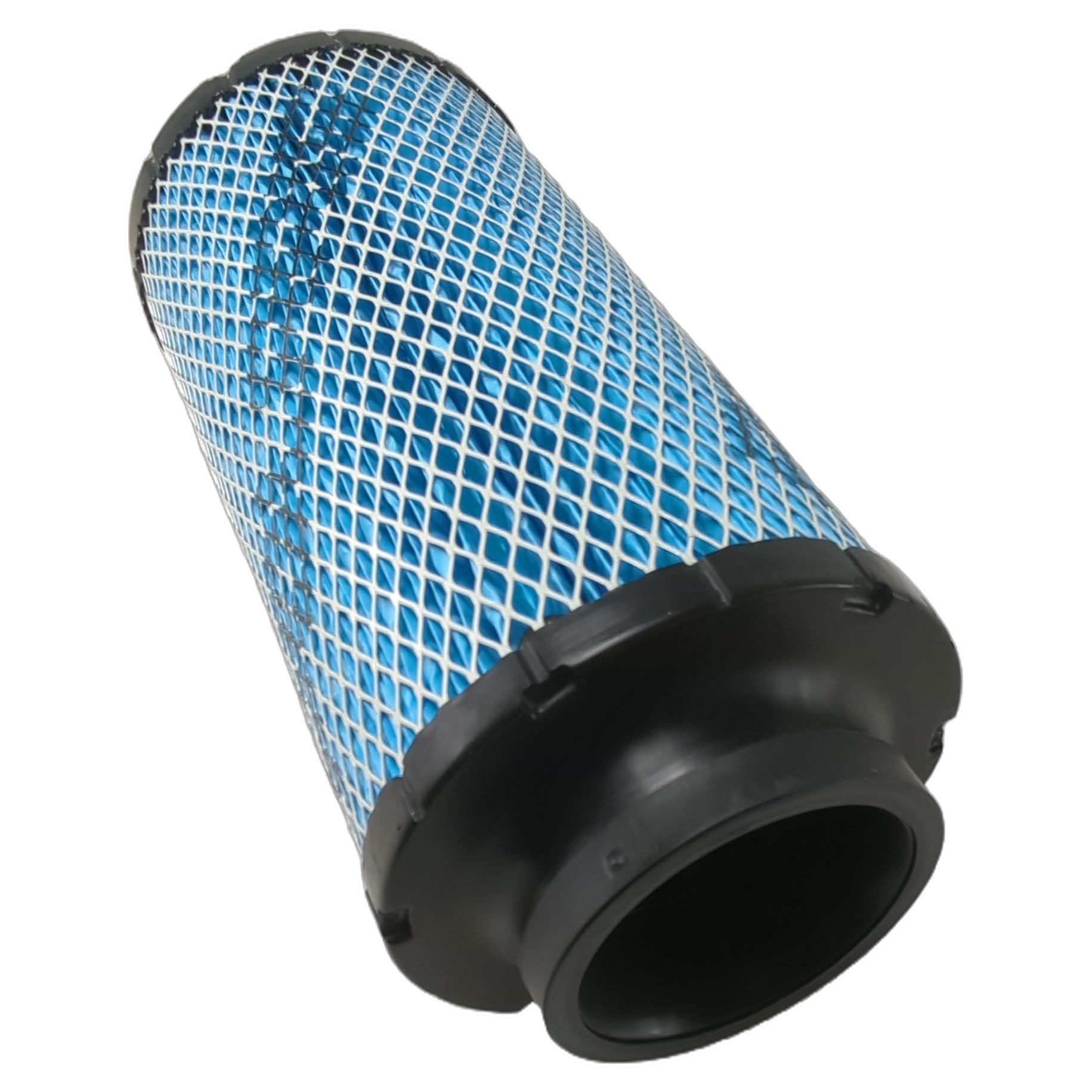 Blue cylindrical air filter with white mesh grid and black rubber end caps designed for Polaris vehicles.