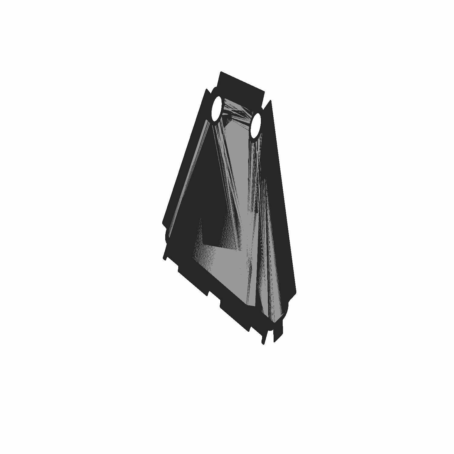 Black angular plastic clutch intake filter with vent openings and mounting holes.