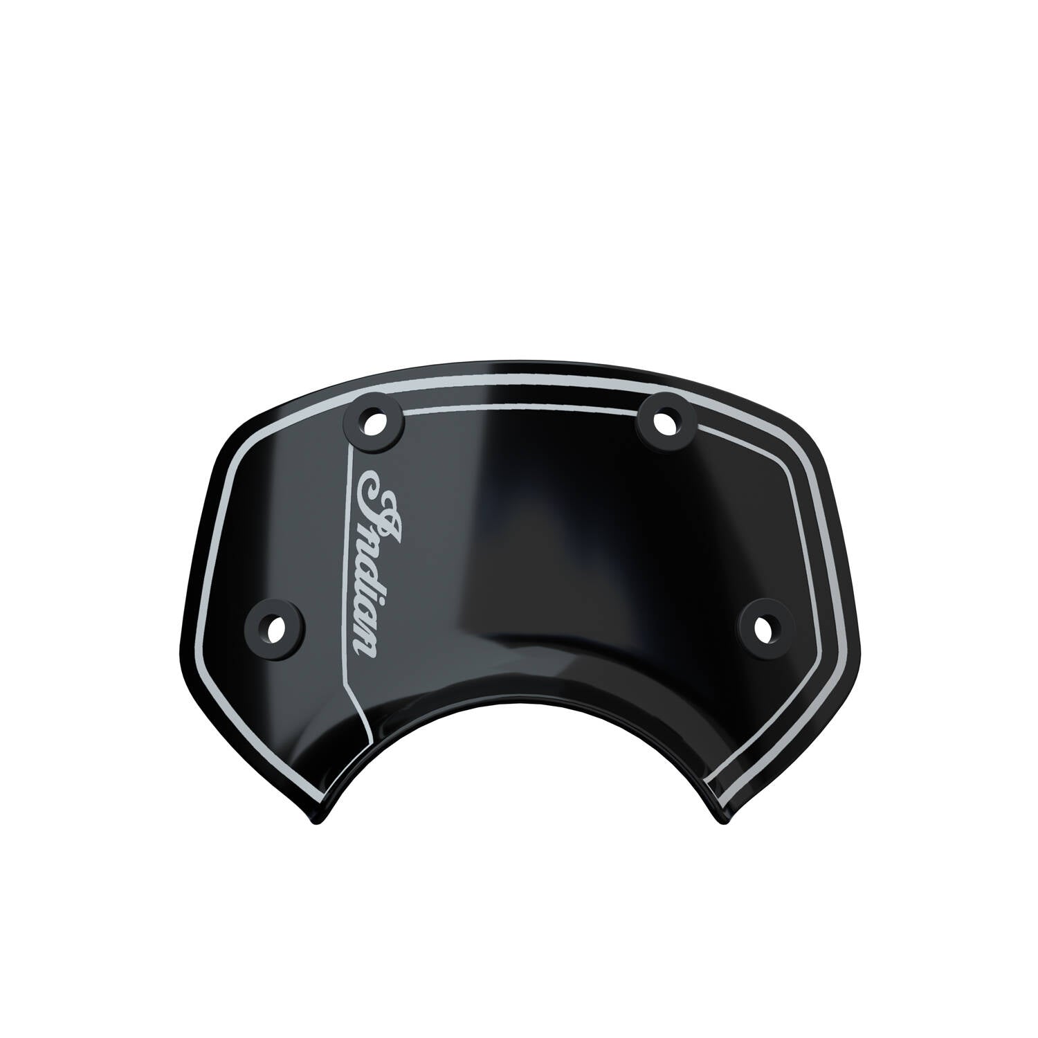Small black motorcycle windshield with white pinstriping and Indian logo, four mounting holes.
