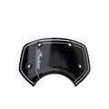Black low-profile Indian FTR motorcycle windshield with white pinstriping and Indian logo.