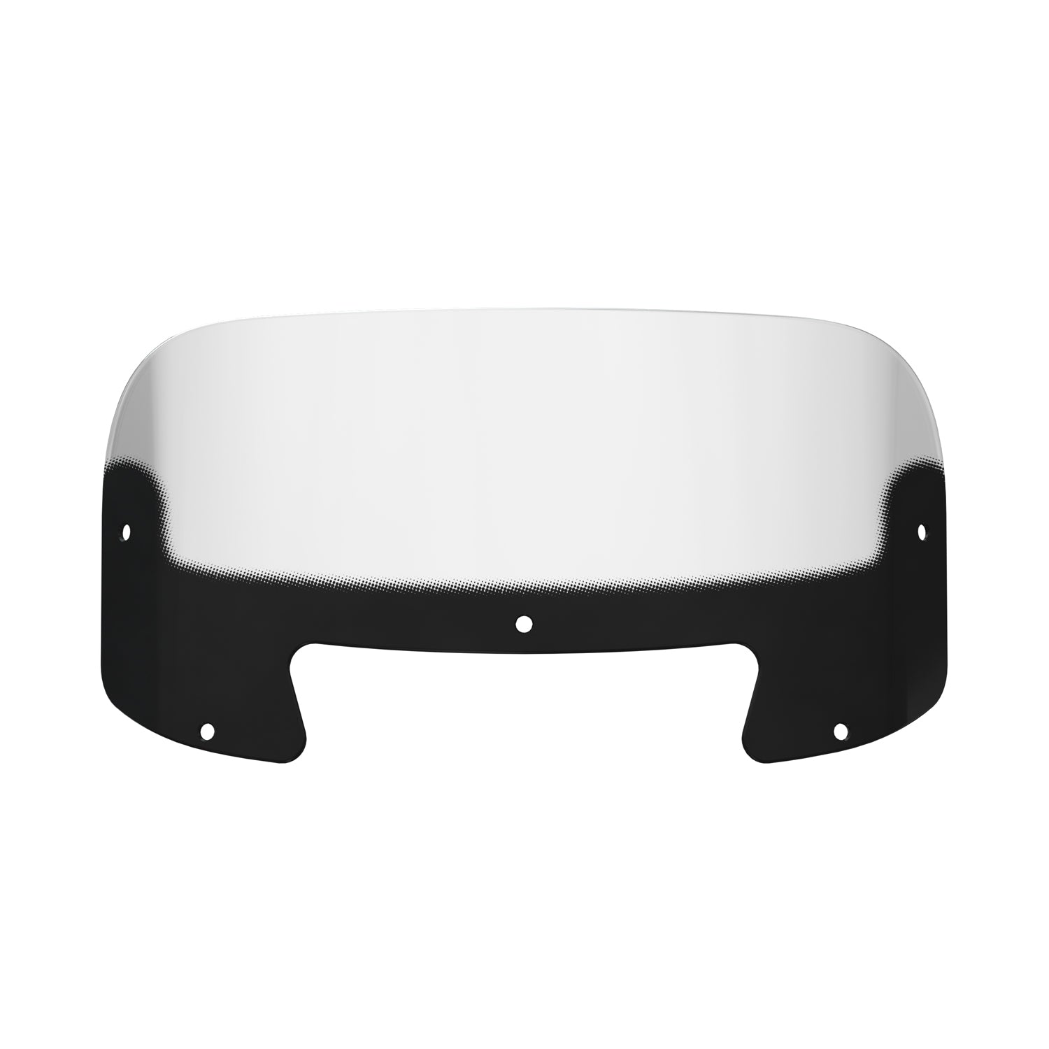 Low-profile tinted motorcycle windshield with curved top edge and mounting holes.