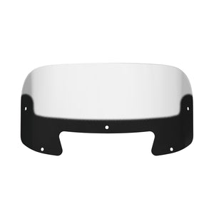 Low-profile tinted motorcycle windshield with curved top edge and mounting holes.