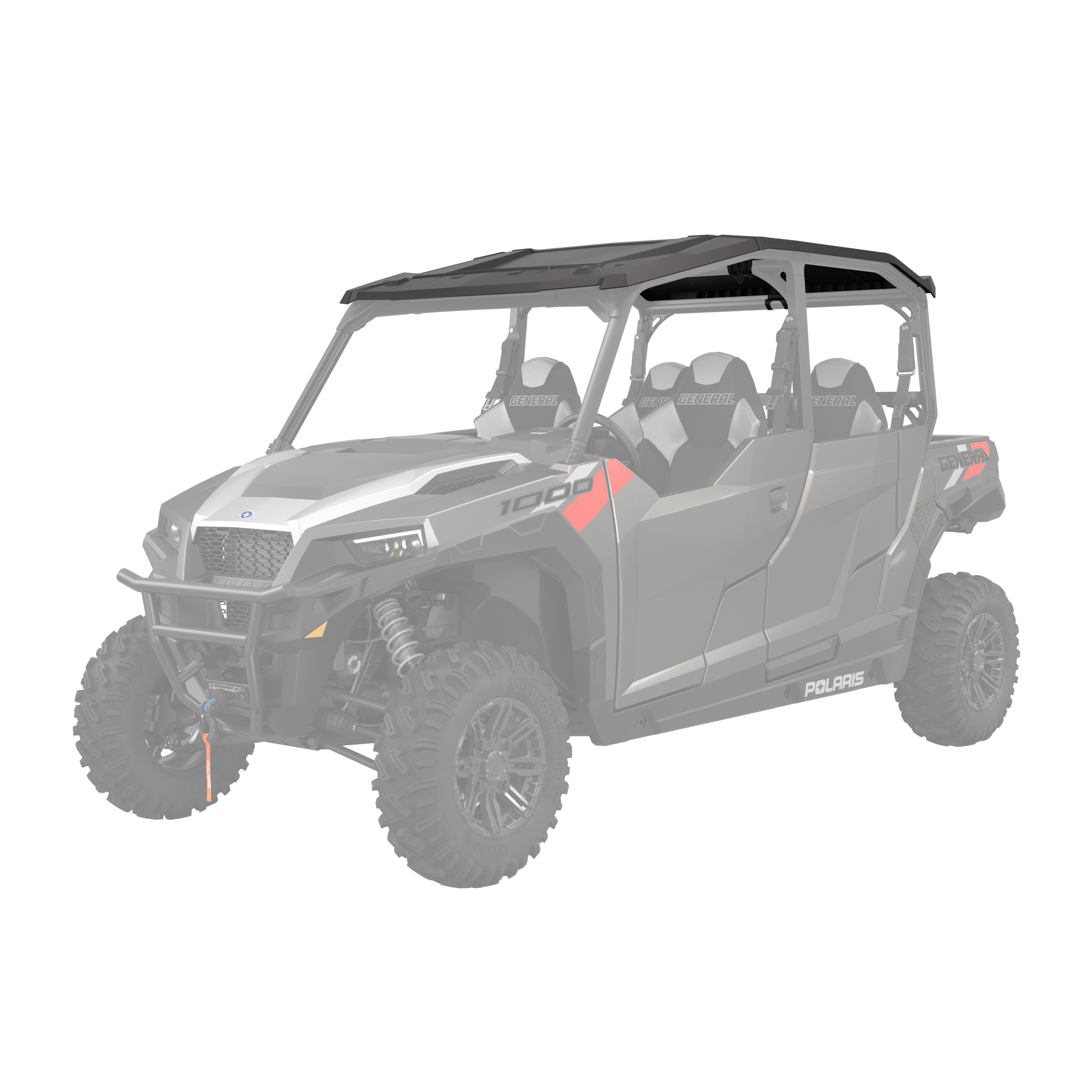 Matte gray off-road UTV with four seats, rugged tires, and a black roof panel.