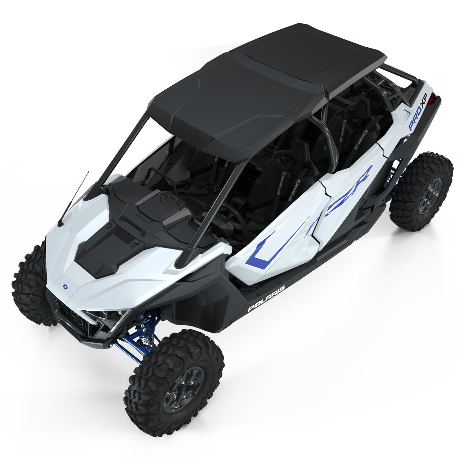 Black poly roof installed on white Polaris off-road UTV with blue accents and rugged tires.