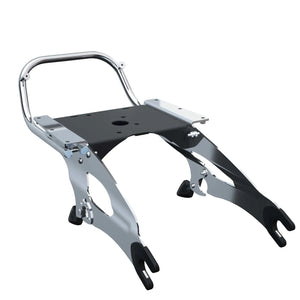 Chrome-plated motorcycle trunk frame with black mounting plate and curved support bar.