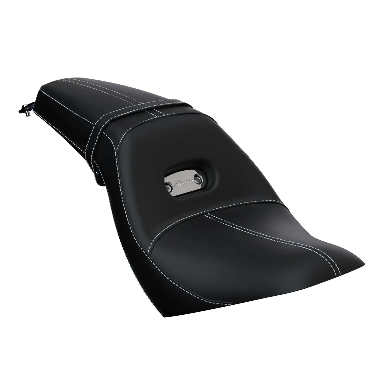 Black sport motorcycle seat with textured vinyl, contoured design, and contrast white stitching.