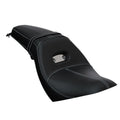 Black vinyl motorcycle seat with contoured shape and white stitching detail.
