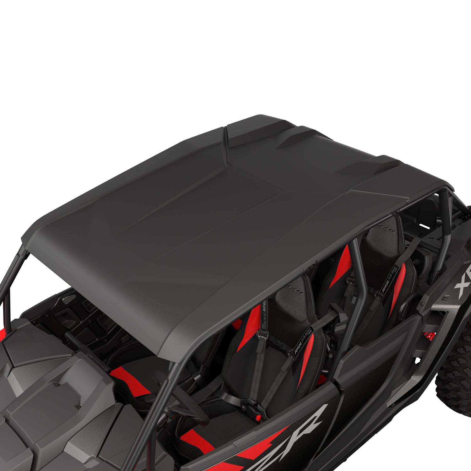 Black hard roof panel designed for Polaris RZR XP-4 1000 models with a smooth, matte finish and contoured edges.