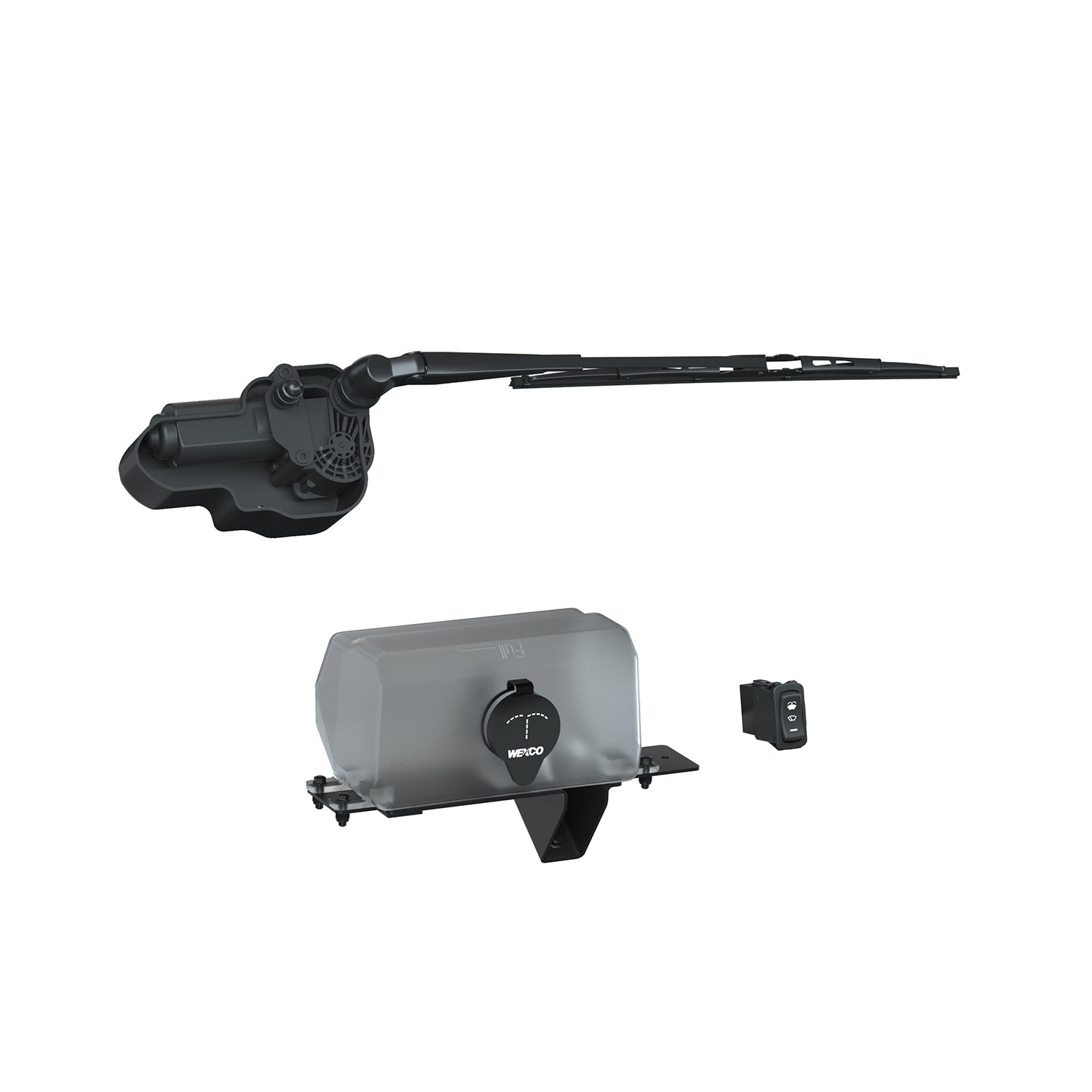 Black windshield wiper arm with motor housing and matching wiper blade assembly for Polaris UTV.