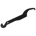 Black metal spanner wrench with curved hook and hole for grip or attachment.