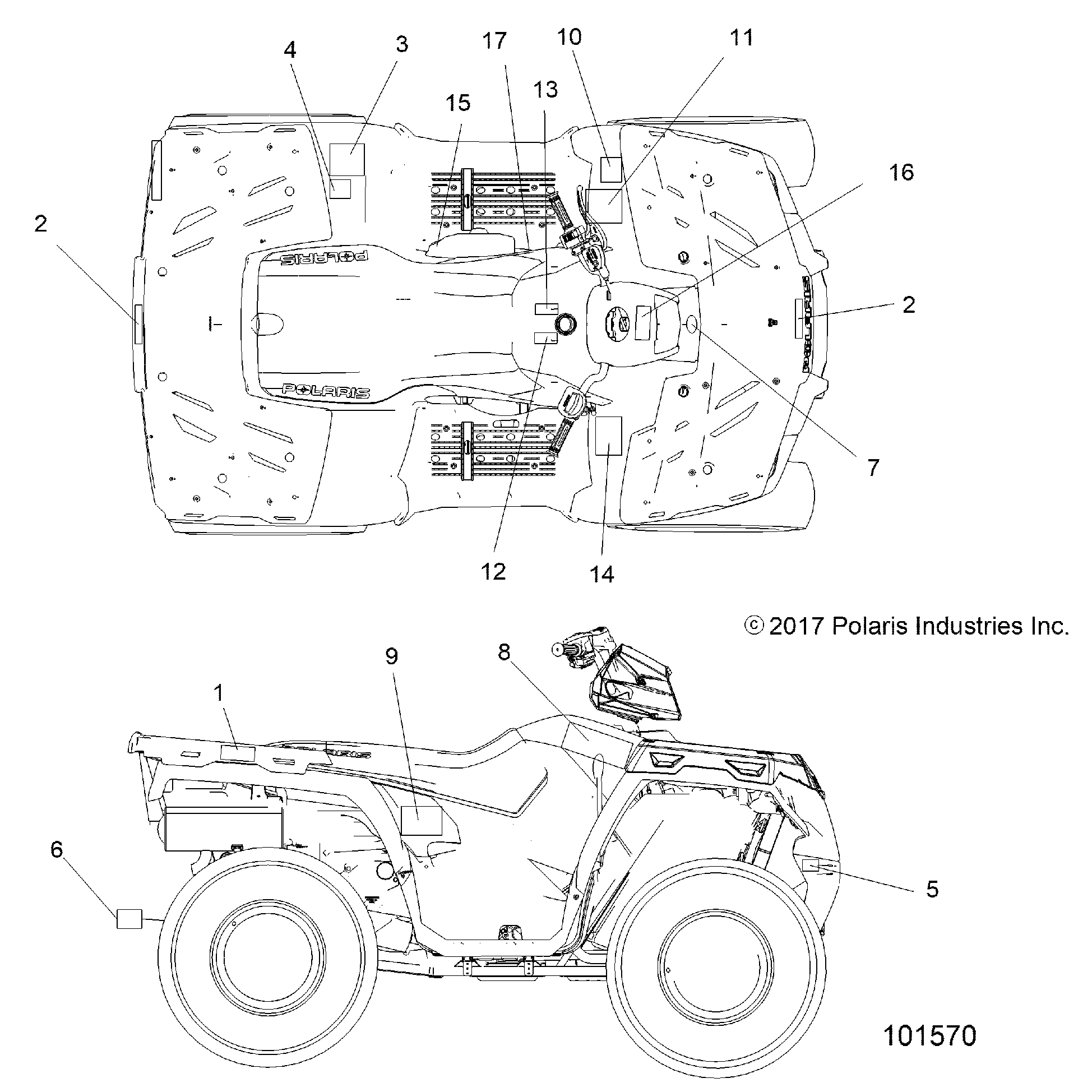 An Image of a Genuine Polaris Parts Schematic Diagram showing the schematic - BODY: DECALS - 2019 POLARIS SPORTSMAN 570 SP