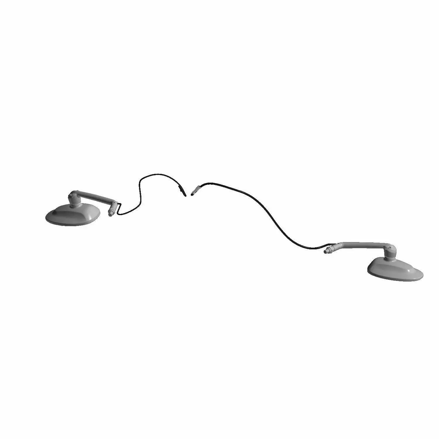 Chrome motorcycle mirrors with round heads and long adjustable arms connected by a wire.