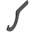 Black metal spanner wrench with curved hook and mounting hole on straight handle.