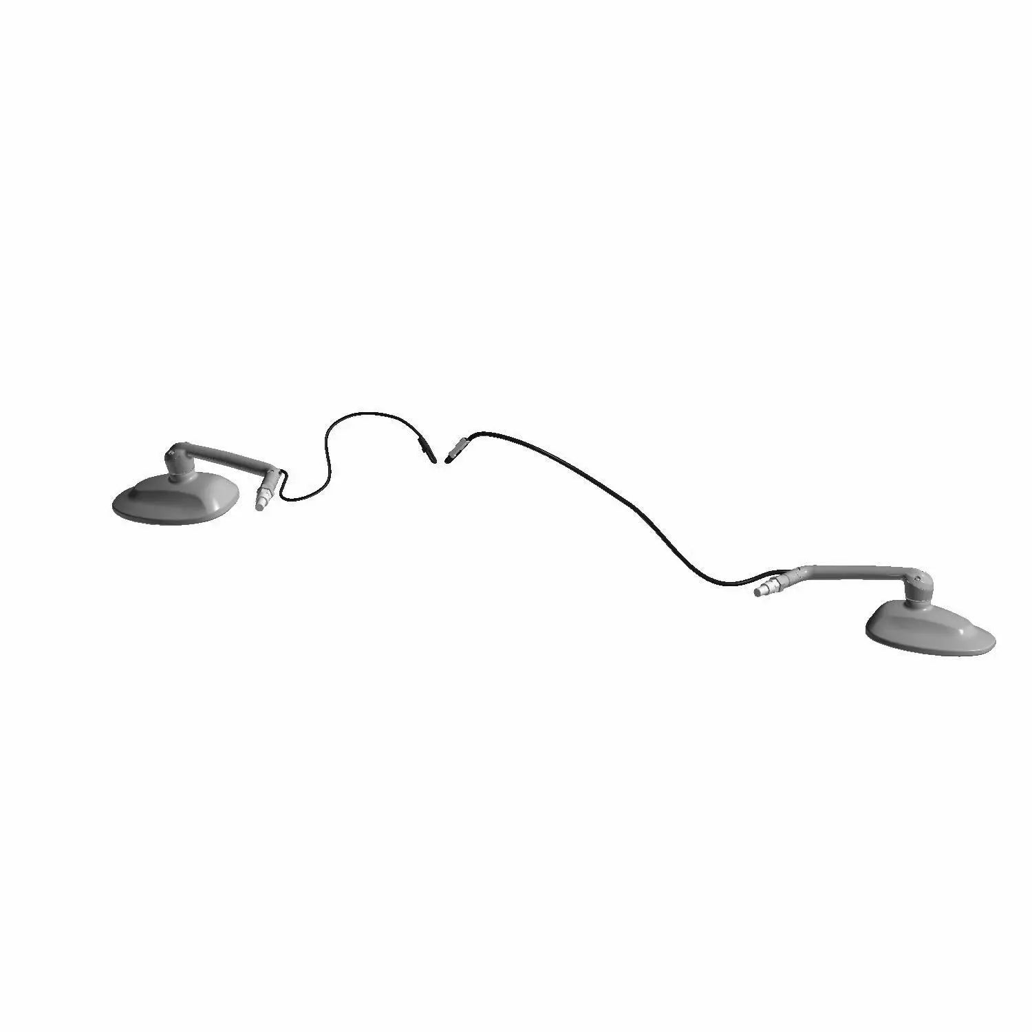 Chrome motorcycle side mirrors with oval reflective surfaces and extended curved mounting arms connected by a wire.