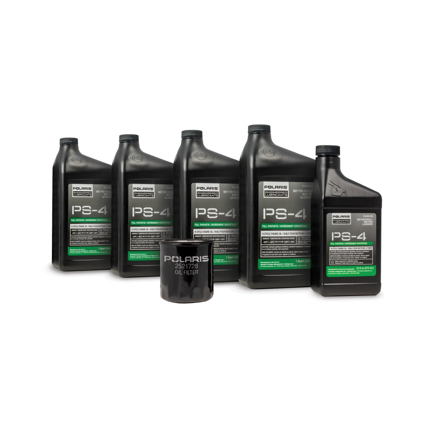 Five black plastic containers of Polaris PS 4 motor oil with green and white labels, including four 1-quart bottles and one.