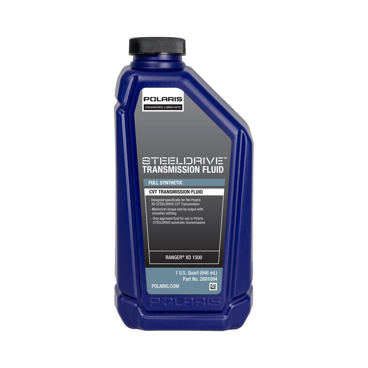 Blue plastic quart bottle of Polaris Steeldrive CVT transmission fluid with black cap and white text label.
