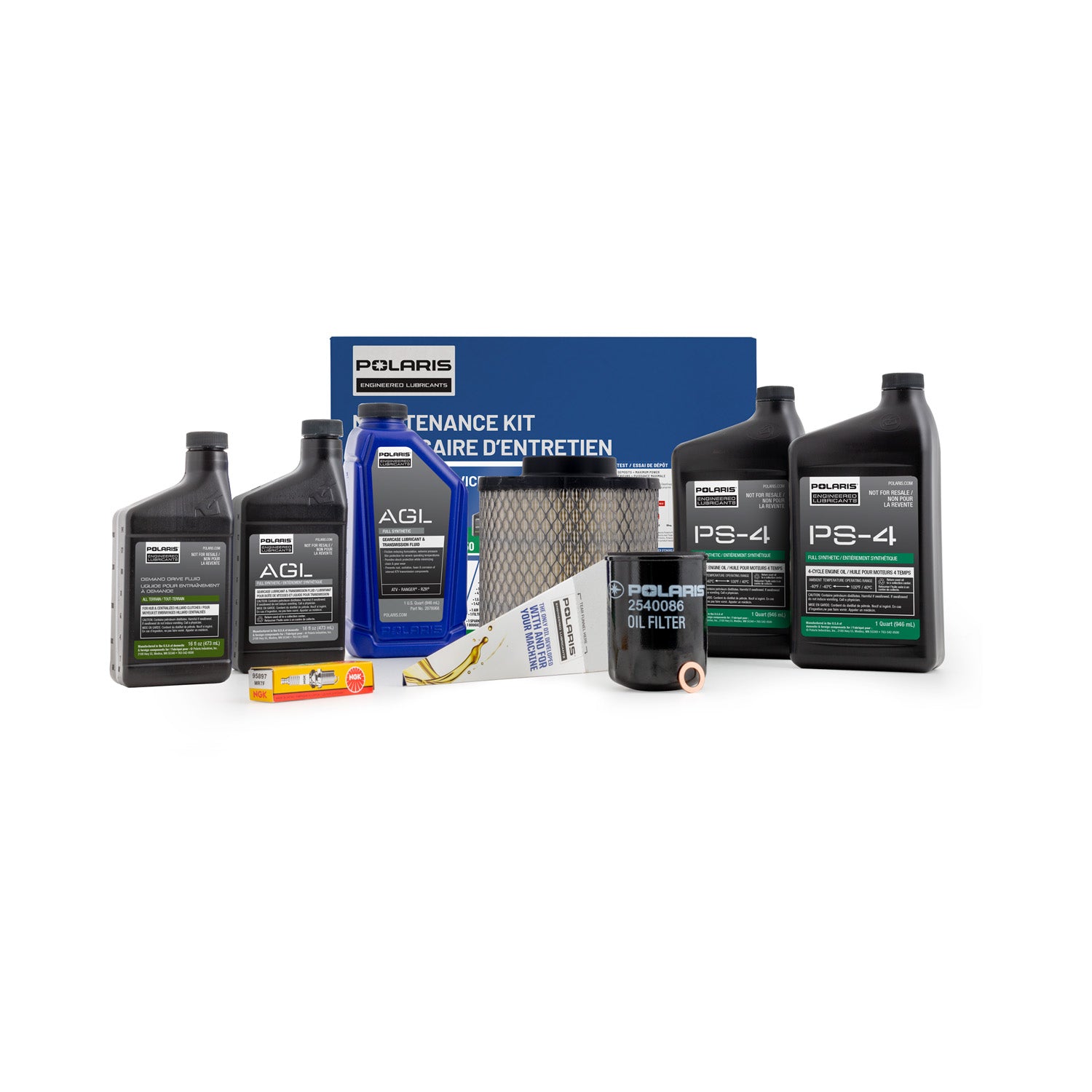 Polaris maintenance kit with oil, air filter, spark plug, fuel injector cleaner, and lubricant bottles in black and white.