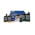 Polaris maintenance kit with oil, air filter, spark plug, fuel injector cleaner, and lubricant bottles in black and white.