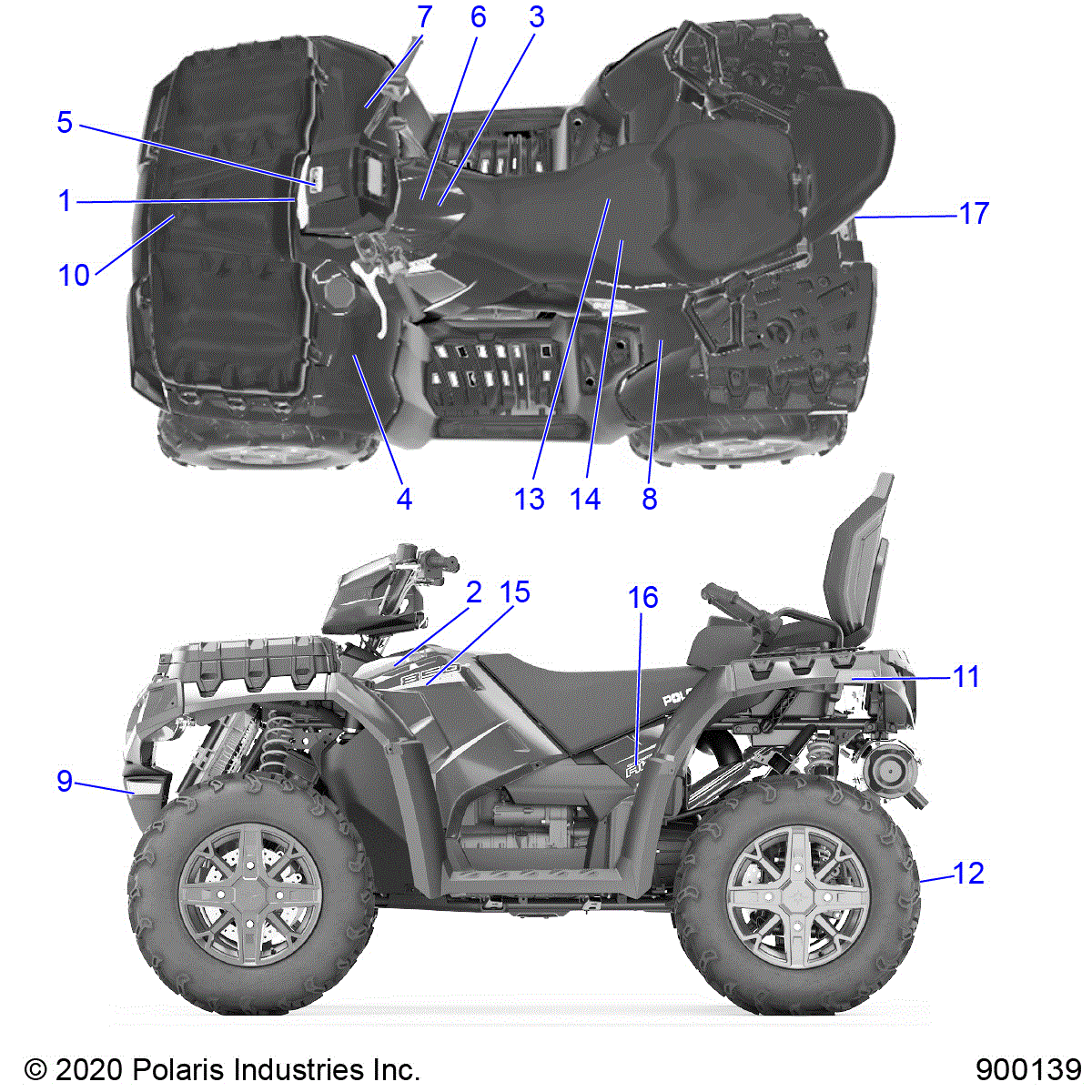 An Image of a Genuine Polaris Parts Schematic Diagram showing the schematic - BODY: DECALS - 2020 POLARIS SPORTSMAN TOURING XP 850 48"