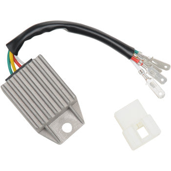 Silver metal Polaris regulator/rectifier with cooling fins, attached black cable with multicolor wires and clear connectors,