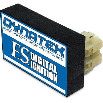 A rectangular Honda Non Programmable Ignition System by Dynatek, featuring connector ports on one side and a blue and white design for reliable throttle response.