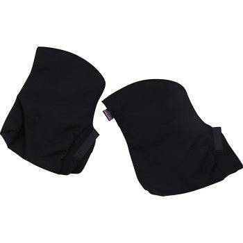 A pair of Deluxe Snow Paw Black handlebar mitts by Parts Unlimited, fleece-lined and ergonomically curved with side strap, are shown laid flat on a white background—ideal ATV hand protectors for cold weather.