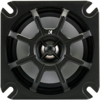 The 5.25 Coaxial Speakers 4 ohm by Kicker feature a square black design with a central silver cone, protective grille, and four corner mounting holes, engineered for premium sound quality in powersports vehicles.