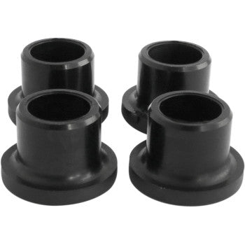 The A-Arm Repair Kit Front Upper Lower by Epi includes four black cylindrical plastic bushings with flanged bases, ideal for A-Arm Pivot Assembly or use as bearings, arranged in two rows on a white background.