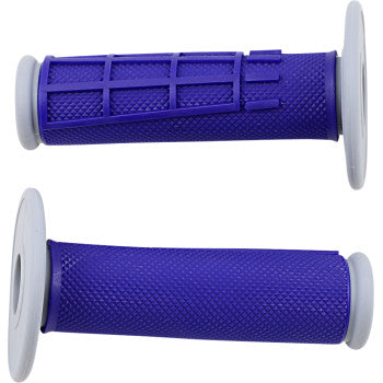 Two blue Compound Diamond Half Waffle Grips by Moose Offroad, each with a dual-compound textured surface and flared grey ends, are shown side by side. One grip is rotated to reveal its top half-waffle pattern.