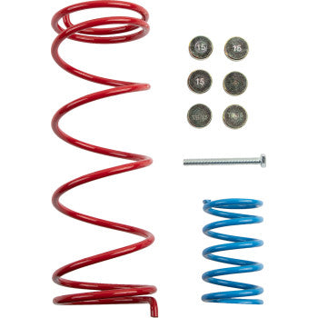 The CF Moto Clutch Kit by Epi includes two coiled springs—one large red, one small blue—six metal washers, and a long screw, showcasing components designed to boost trail riding performance or manage oversized tires.