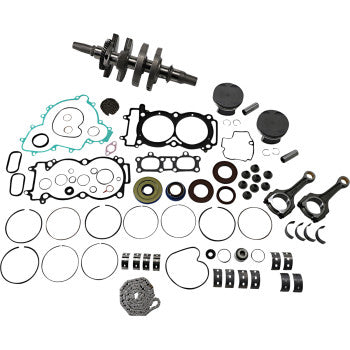 The Polaris Engine Rebuild Kit by Vertex includes a crankshaft, pistons, piston rings, gaskets, bearings, seals, connecting rods, and a timing chain—all neatly arranged on a white background.